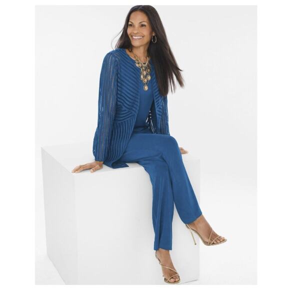 Chico's Women's Travelers Collection Pattern Strip Jacket Mercer Blue Size M/8 - Picture 2 of 11